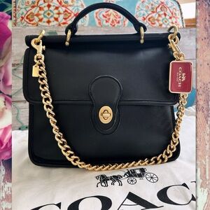 Coach Black Leather Top-Handle Satchel with Gold Chain